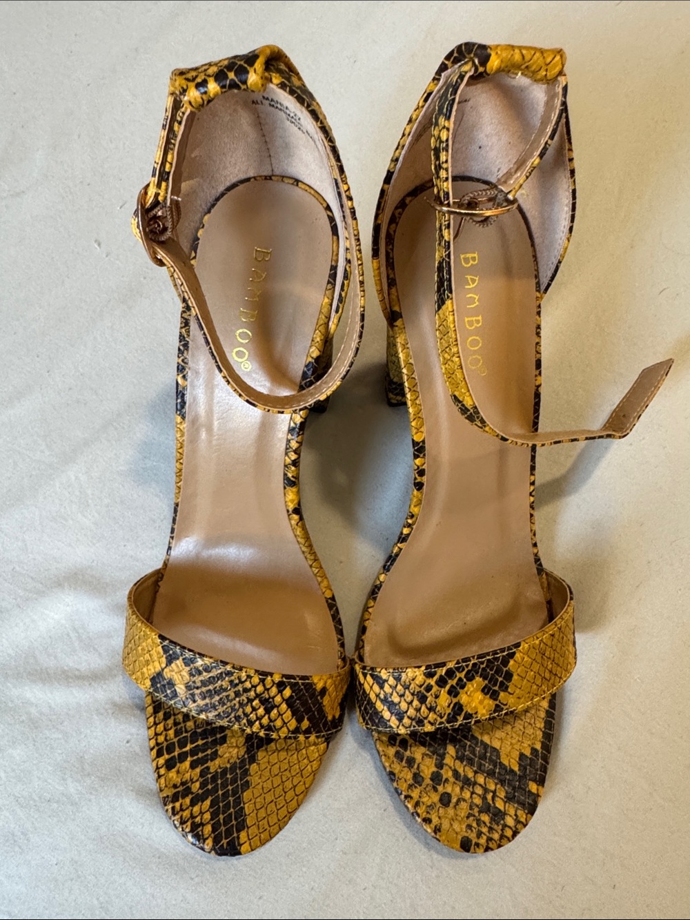 BAMBOO Yellow Snake-Print Ankle Strap Heels